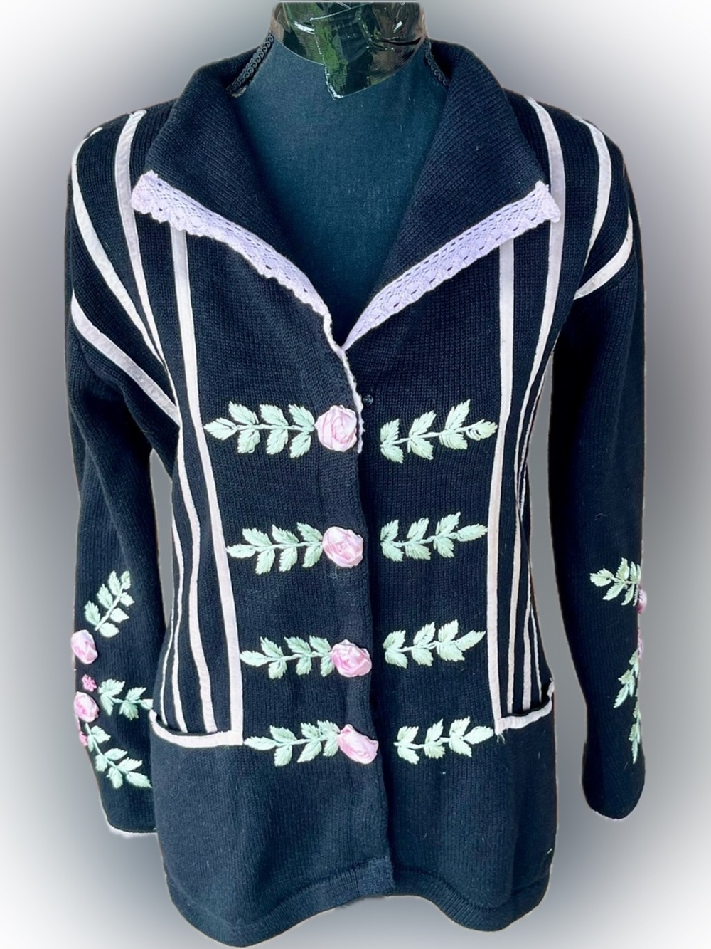 Vtg Storybook Knits Black Pink Velvet Stripe 3D Ribbon Rose Cardigan Sweater XS